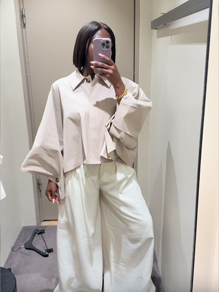 Damen kastige Cropped-Hemdbluse mit weitem Fledermausärmel und feiner Kellerfalte Drune
