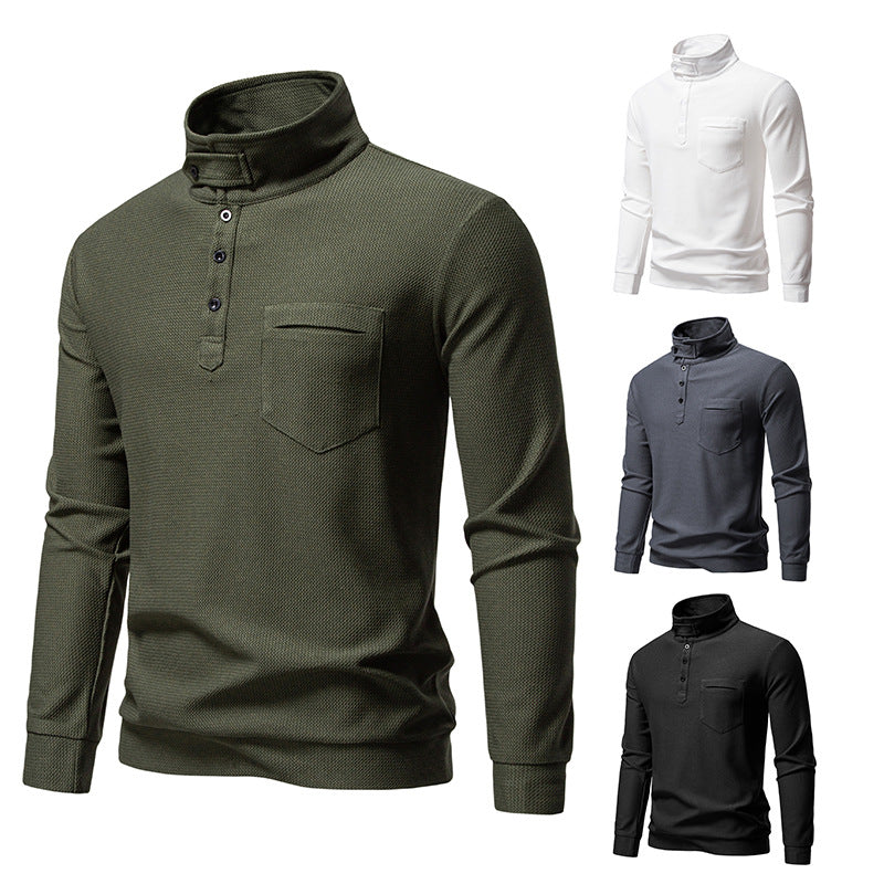 Herren Texturiertes Waffelstrick-Henleyshirt mit hohem Kragen, Knopfleiste und Brusttasche Drune