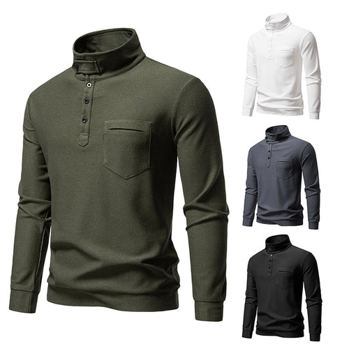 Herren Texturiertes Waffelstrick-Henleyshirt mit hohem Kragen, Knopfleiste und Brusttasche Drune