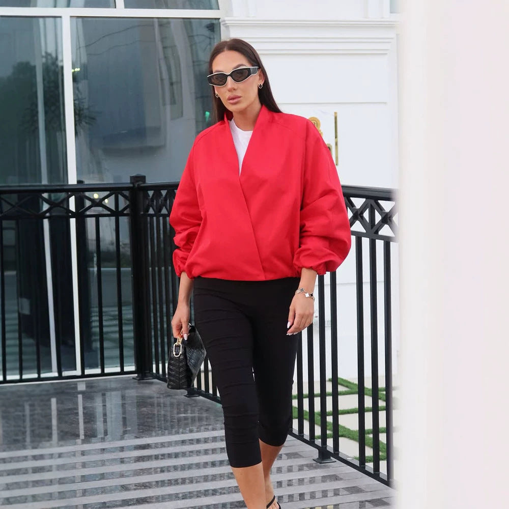 Damen kurz geschnittene Oversize-Wickeljacke mit Ballonärmeln Drune