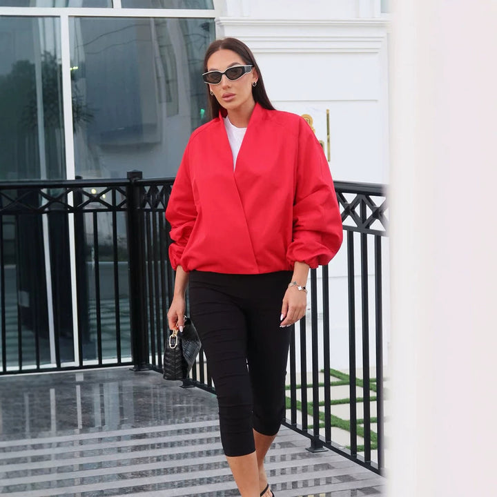 Damen kurz geschnittene Oversize-Wickeljacke mit Ballonärmeln Drune