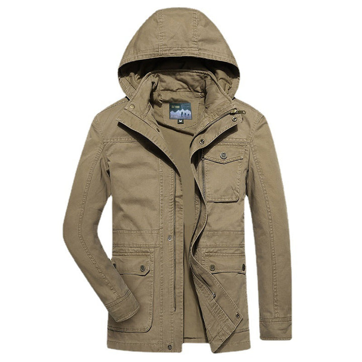 Herren robuste Canvas-Feldjacke mit Kapuze, Mehrfach-Taschen und verstärkten Nähten Drune