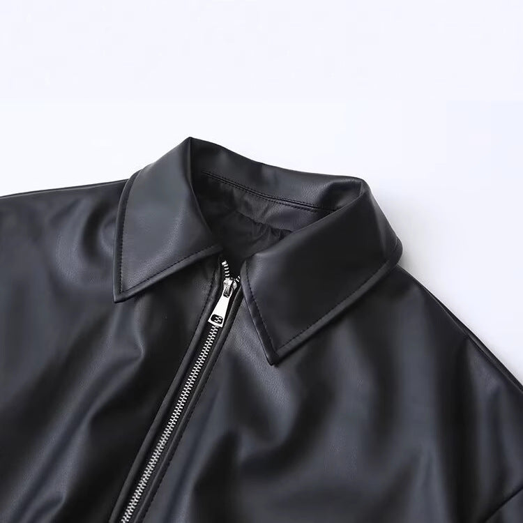 Damen Oversize Kunstleder-Bomberjacke mit Reißverschluss, elastischem Saum und Pattentaschen Drune