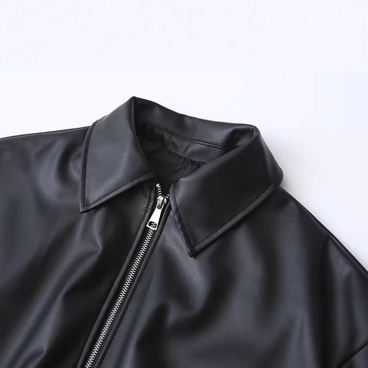 Damen Oversize Kunstleder-Bomberjacke mit Reißverschluss, elastischem Saum und Pattentaschen Drune
