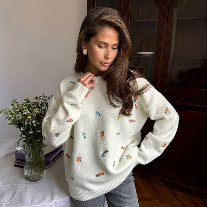 Damen lockerer Strickpullover mit floralem Muster Drune