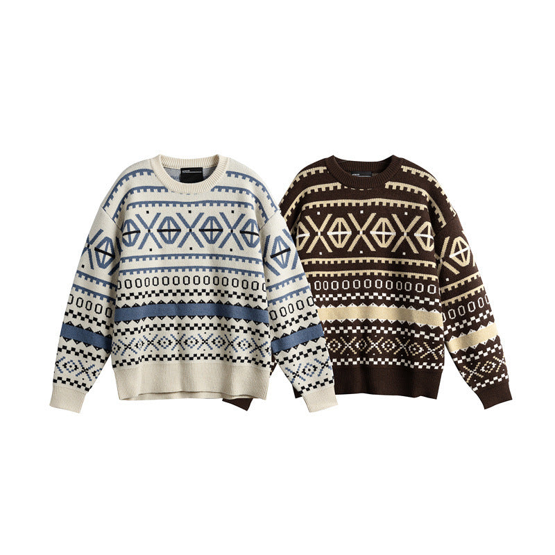 Unisex Gemusterter Grobstrickpullover im Norwegerstil mit Rundhals Drune