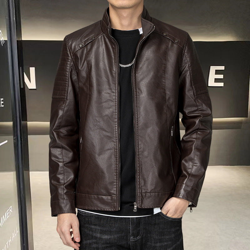 Herren Slim-Fit Kunstleder-Bikerjacke mit Stehkragen und Reißverschlusstaschen Drune