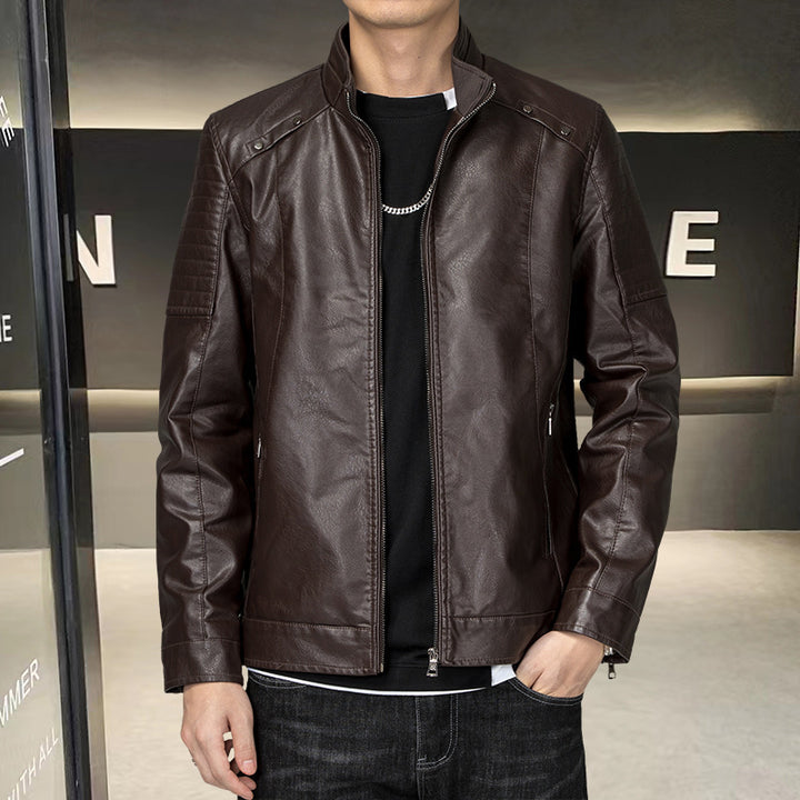 Herren Slim-Fit Kunstleder-Bikerjacke mit Stehkragen und Reißverschlusstaschen Drune