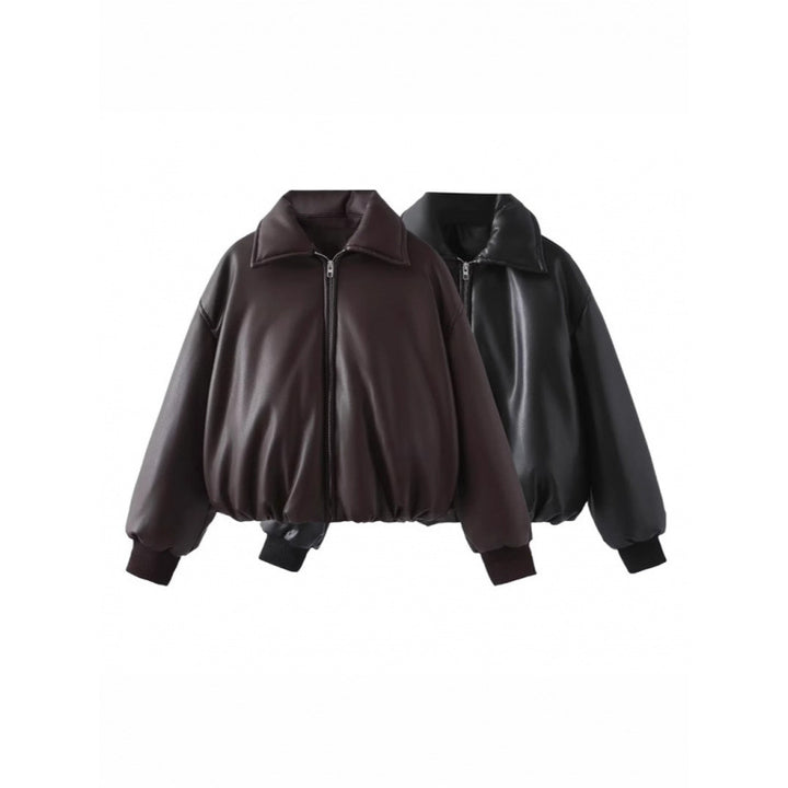 Damen lässige Boxy-Jacke aus weichem Kunstleder mit elastischem Bund Drune