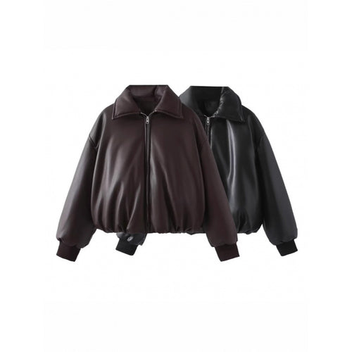 Damen lässige Boxy-Jacke aus weichem Kunstleder mit elastischem Bund Drune