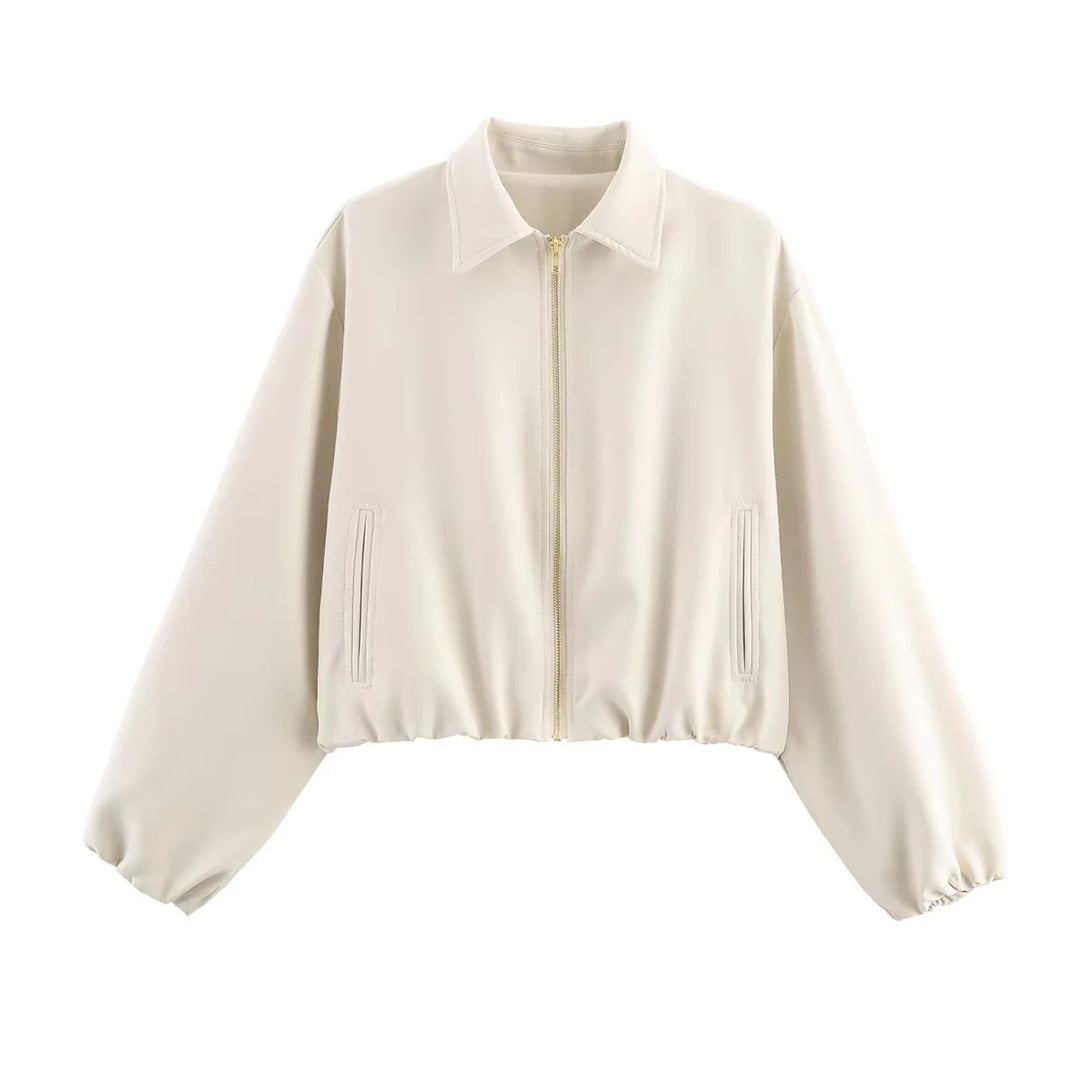 Damen nan cropped Blousonjacke mit Reißverschluss, Hemdkragen, Eingrifftaschen und elastischem Saum Drune