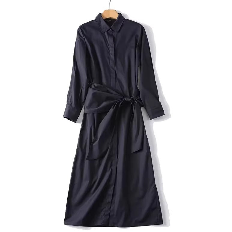 Damen Oversize-Hemdblusenkleid mit seitlichem Knotengürtel und Midilänge Drune