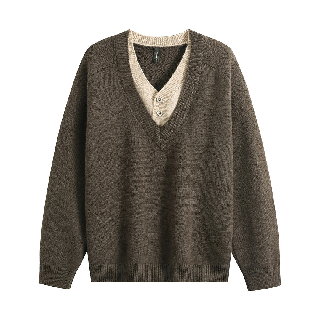 Unisex Oversize V‑Neck Strickpullover mit eingearbeiteter Henley-Optik Drune