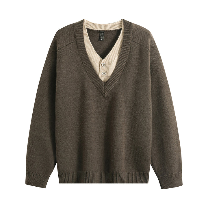 Unisex Oversize V‑Neck Strickpullover mit eingearbeiteter Henley-Optik Drune