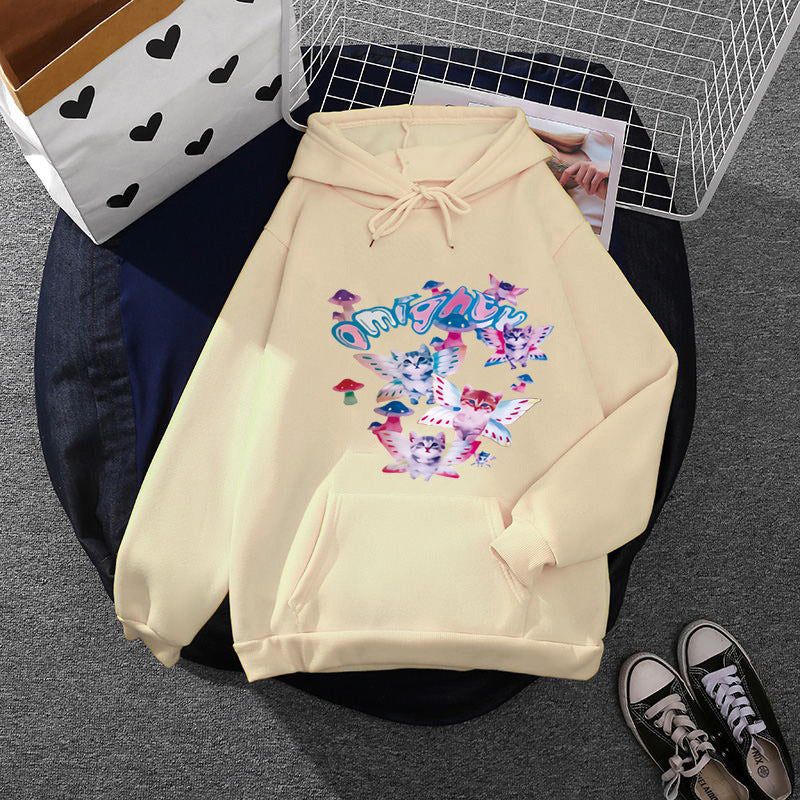 Damen nan Kapuzenpullover mit verspieltem Katzen‑Schmetterlings-Print und Kängurutasche Drune