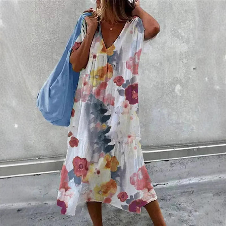 Damen Sommerkleid mit V-Ausschnitt und voluminösem Rock Drune