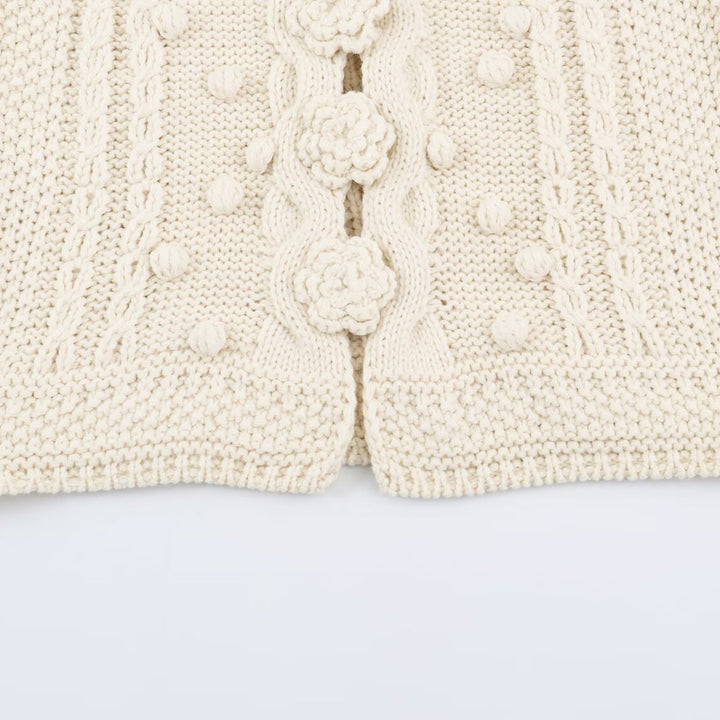 Damen Strickweste mit Zopfmuster, Blumenapplikationen und Noppenstruktur Drune