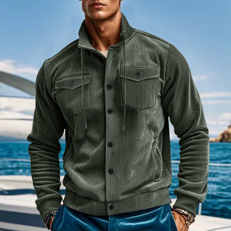 Herren nan lässige fein gerippte Cordjacke mit Stehkragen, Brusttaschen und elastischem Saum Drune