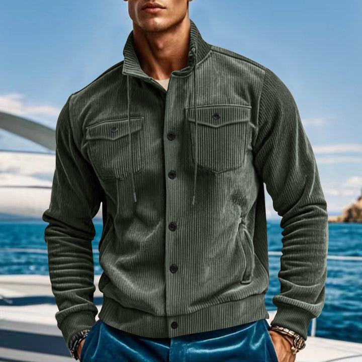 Herren nan lässige fein gerippte Cordjacke mit Stehkragen, Brusttaschen und elastischem Saum Drune