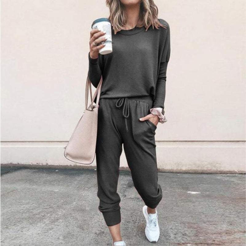 Damen Lässiges Lounge-Set mit Rundhalsausschnitt, Kordelzug-Hose und Bündchen Drune