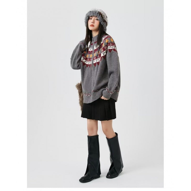 Damen Lässige Strick-Zipjacke mit Jacquard-Yoke und Rippbündchen Drune