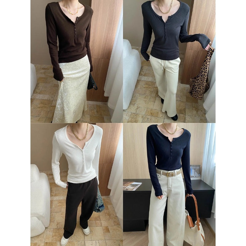Damen Langarm Henley Shirt mit dekorativen Knopfdetails und feinem Rippenstrick Drune