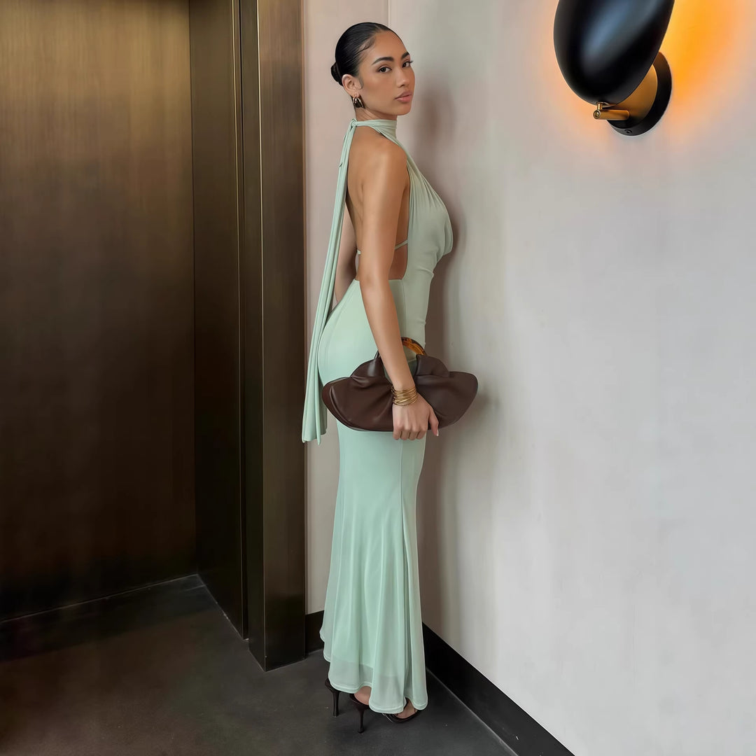 Damen elegantes Maxikleid mit tiefem V-Ausschnitt und schimmerndem Oberteil Drune
