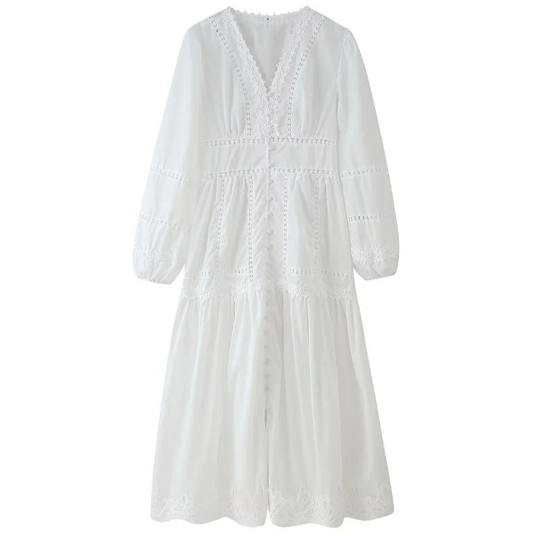 Damen 80+ Maxikleid mit V‑Ausschnitt, Spitzenbesatz, Knopfleiste und Ballonärmeln Drune