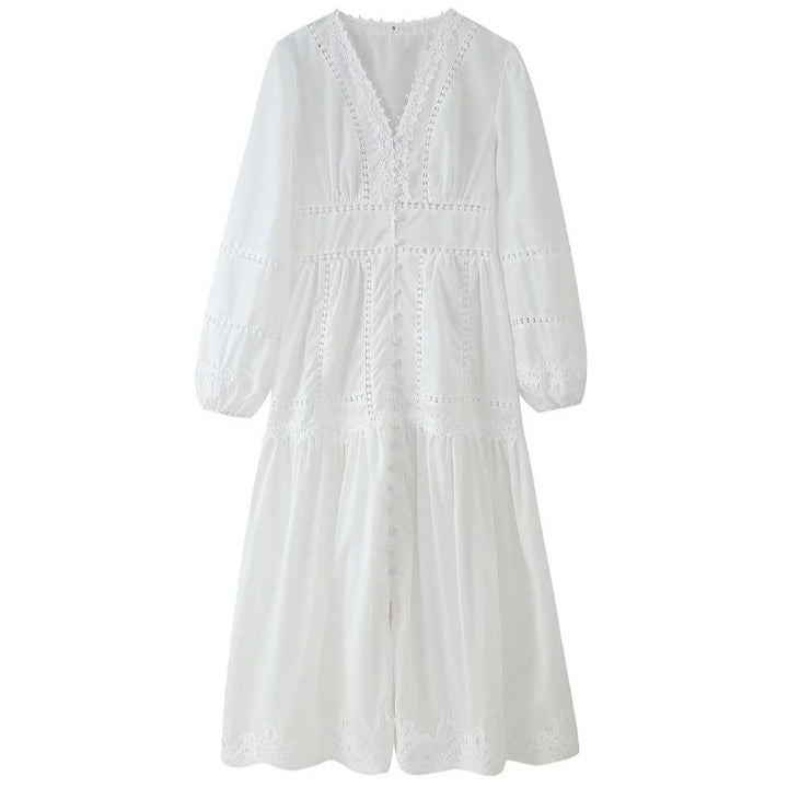 Damen 80+ Maxikleid mit V‑Ausschnitt, Spitzenbesatz, Knopfleiste und Ballonärmeln Drune