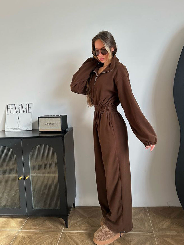Damen kuscheliger Plüsch-Jumpsuit mit halbem Reißverschluss und elastischer Taille Drune