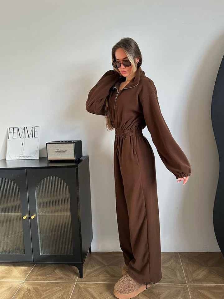 Damen kuscheliger Plüsch-Jumpsuit mit halbem Reißverschluss und elastischer Taille Drune