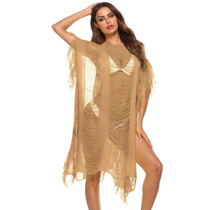 Damen eleganter fransiger Strandüberwurf mit transparenten Akzenten Drune