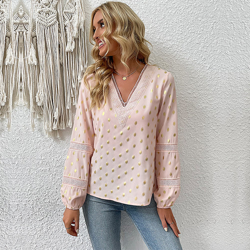 Damen Leichte Chiffonbluse mit V-Ausschnitt, Spitzenbesatz und Metallic-Pünktchen Drune