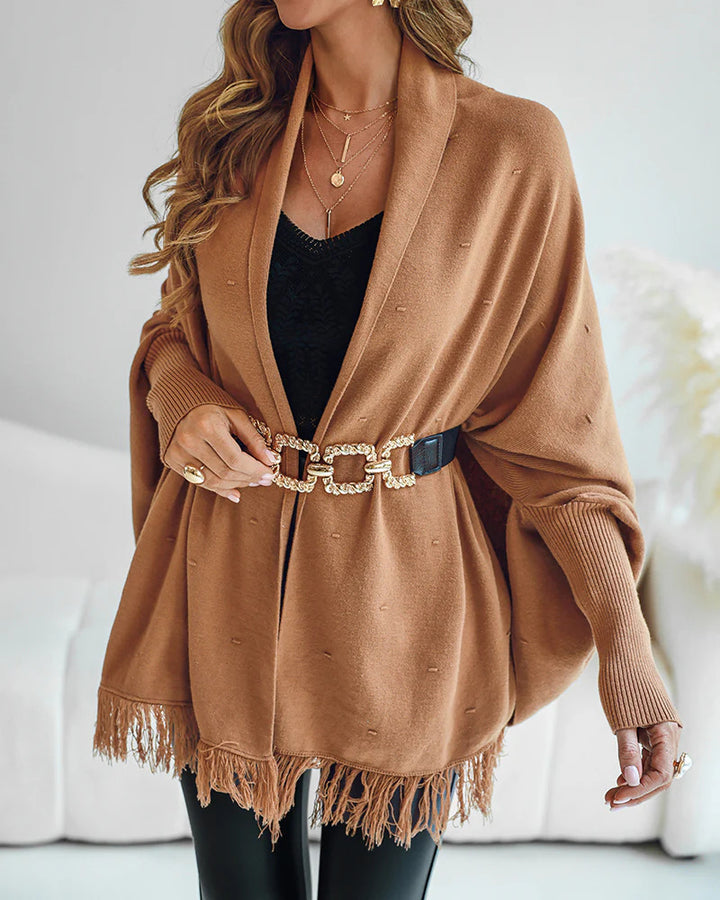 Damen Fransen‑Poncho‑Cardigan mit dekorativem Taillengürtel und Rippbündchen Drune
