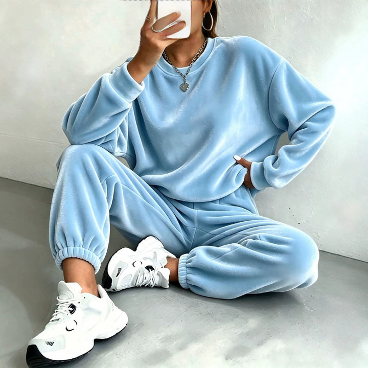 Damen Kuscheliges Velours-Lounge-Set mit Oversize-Sweatshirt und Joggerhose Drune
