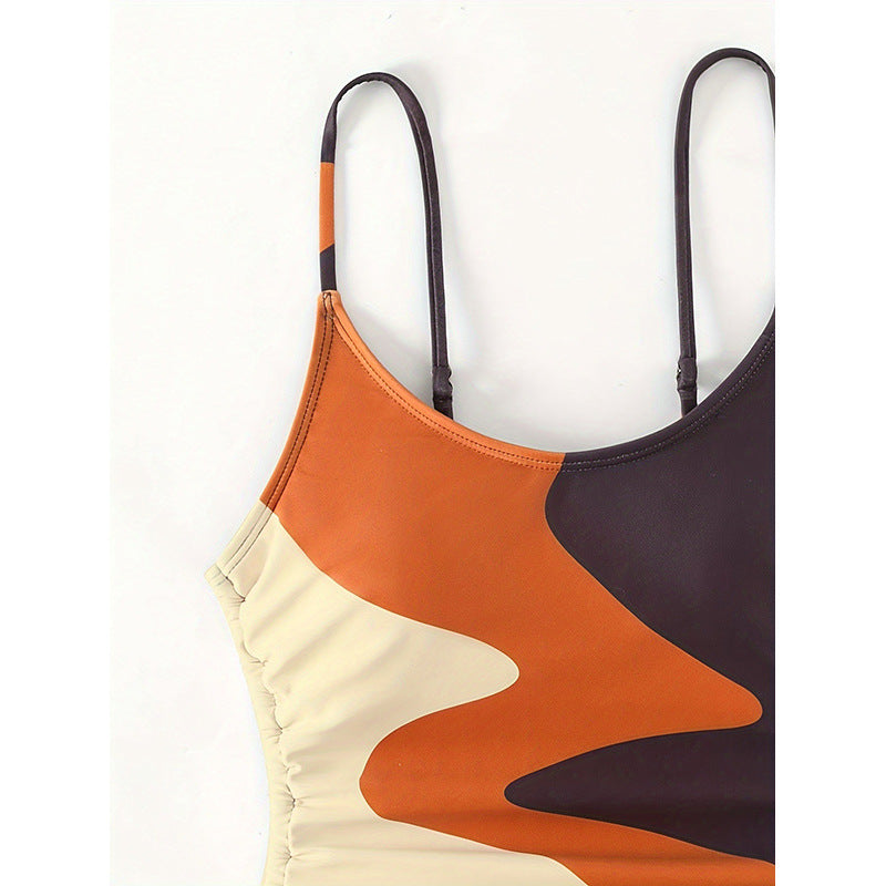 Damen Einteiler Badeanzug mit asymmetrischem Muster und verstellbarem Bindeband Drune