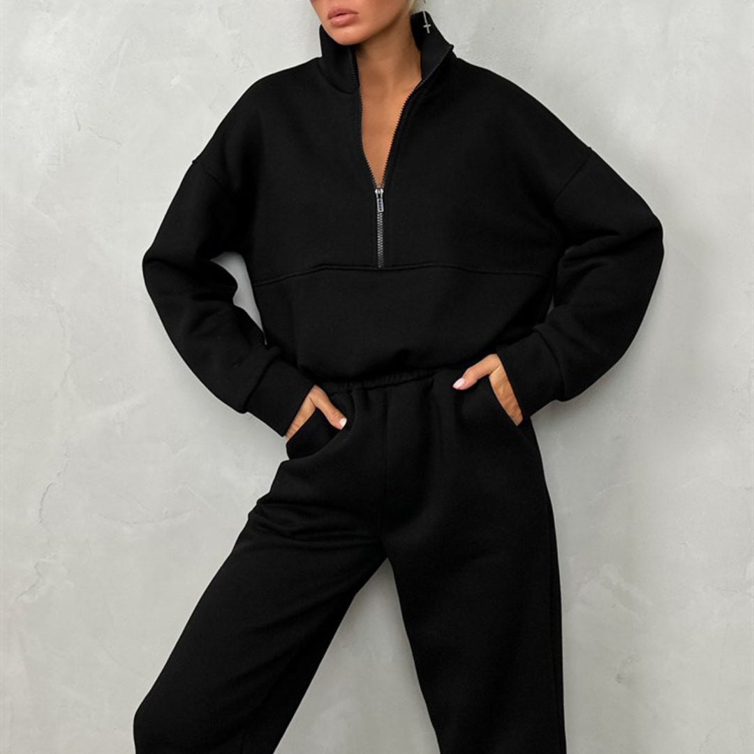 Damen nan cropped Half-Zip Fleece-Set zweiteilig mit hohem Bund und elastischen Bündchen Drune