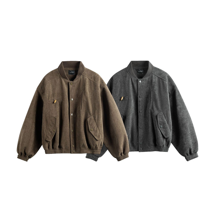 Unisex Boxy-Softsuede-Blouson mit Druckknopfleiste, Pattentaschen und geripptem Saum Drune