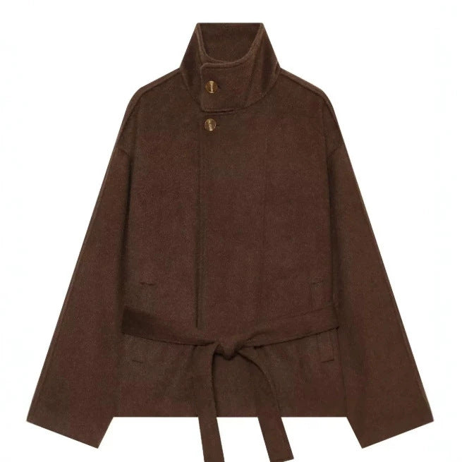 Damen Kurzer Wollmix‑Capecoat mit hohem Stehkragen, verdeckter Knopfleiste und Taillenbindegürtel Drune