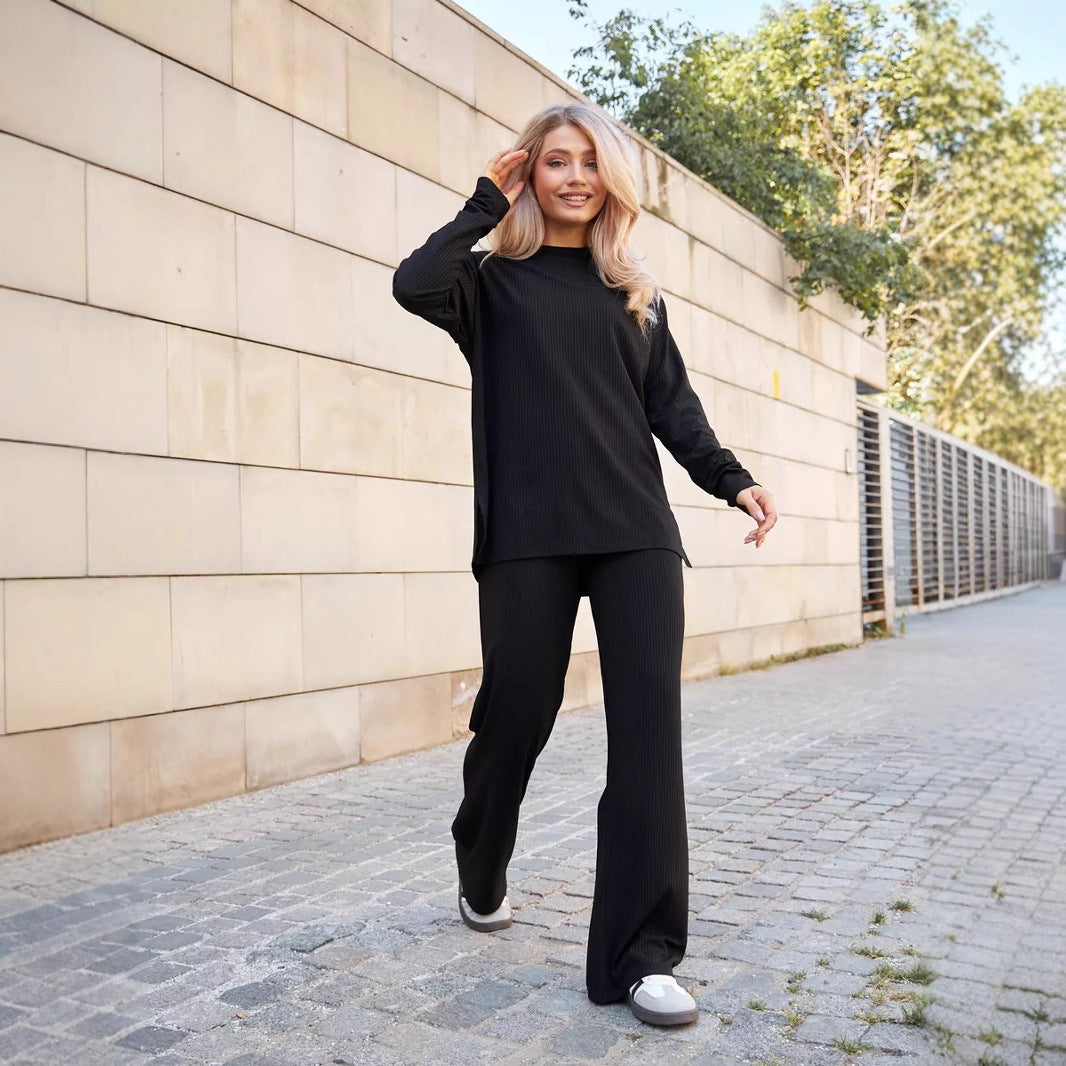 Damen lässiges Strick-Loungewear-Set mit Rippenstruktur und weitem Bein Drune