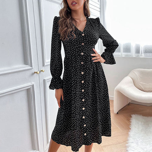 Damen Midi-Kleid mit V-Ausschnitt, Knopfleiste und geraffter Taillennaht Drune