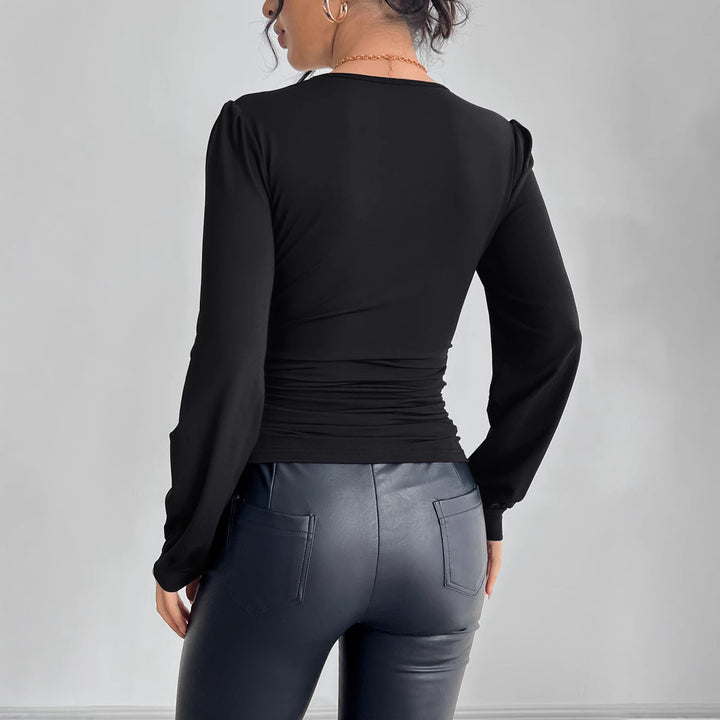 Damen nan tailliertes Langarm-Shirt mit tiefem Spitzen-Dekolleté, Raffung und Kristallbesatz Drune