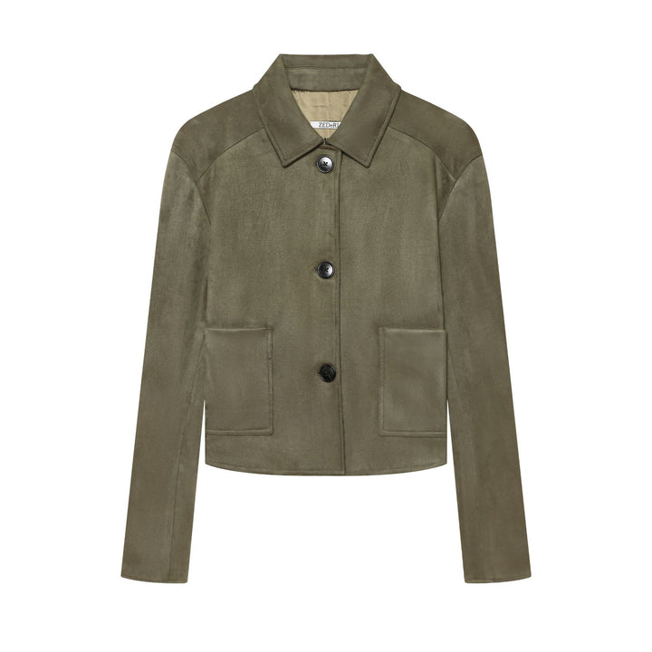 Damen Taillierter Cropped-Blouson aus Veloursimitat mit Hemdkragen und aufgesetzten Taschen Drune