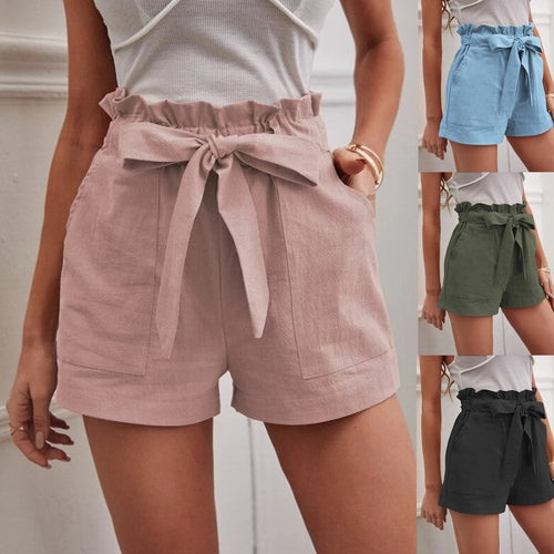 Damen Leichte Shorts mit dekorativem Bindegürtel und elastischem Bund Drune