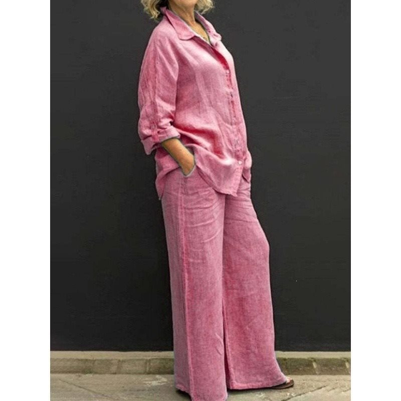 Damen Leichtes Leinen-Loungewear-Set mit Oversized-Hemd und weiter Palazzo-Hose Drune