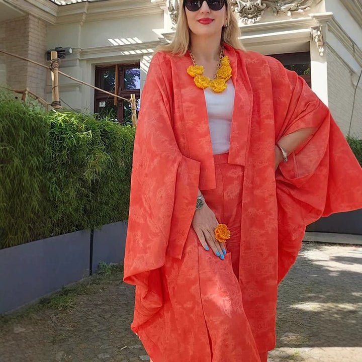 Damen Kaftan-Blazer-Set mit kimonoähnischen Ärmeln und weitem Palazzo-Hosen-Schnitt Drune