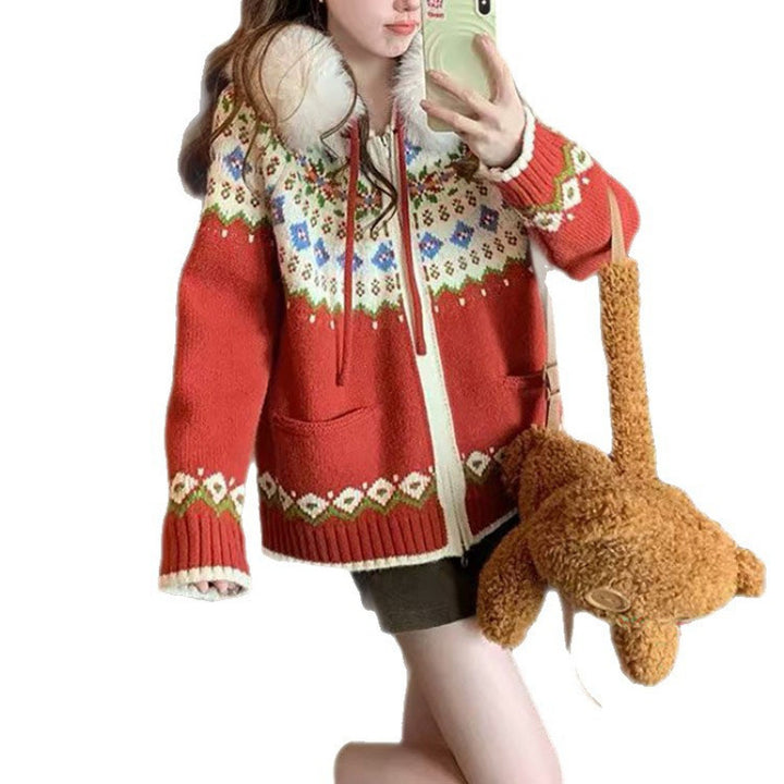 Damen Strickjacke mit angesagtem Norwegermuster und luxuriösem Kunstpelzkragen Drune