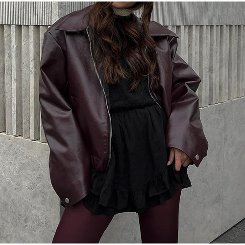 Damen Moderne Kunstlederjacke im Oversized-Schnitt mit klassischen Details Drune