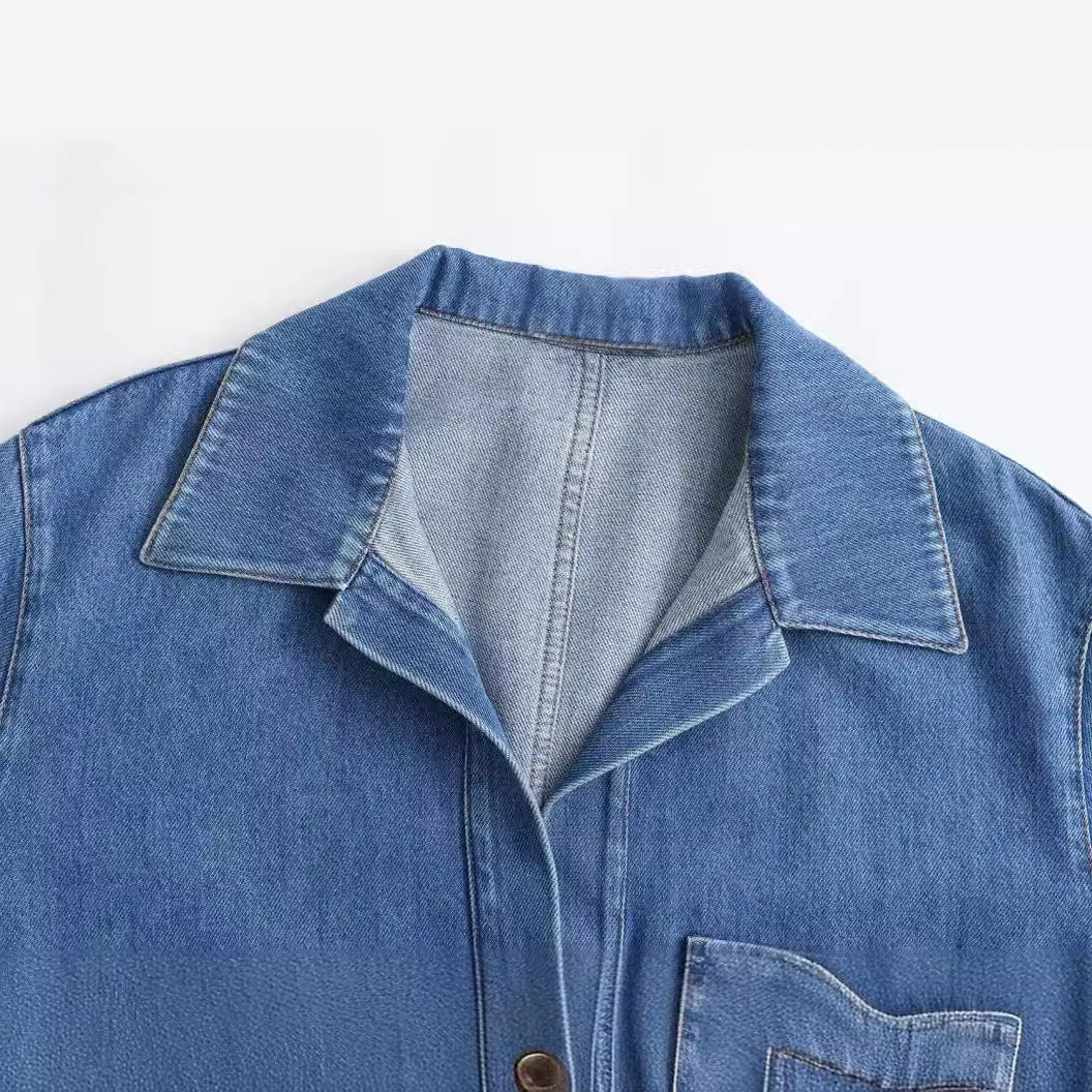 Damen nan oversized Jeanspullover mit offenem V‑Ausschnitt, großer Brusttasche und kastigem Schnitt Drune