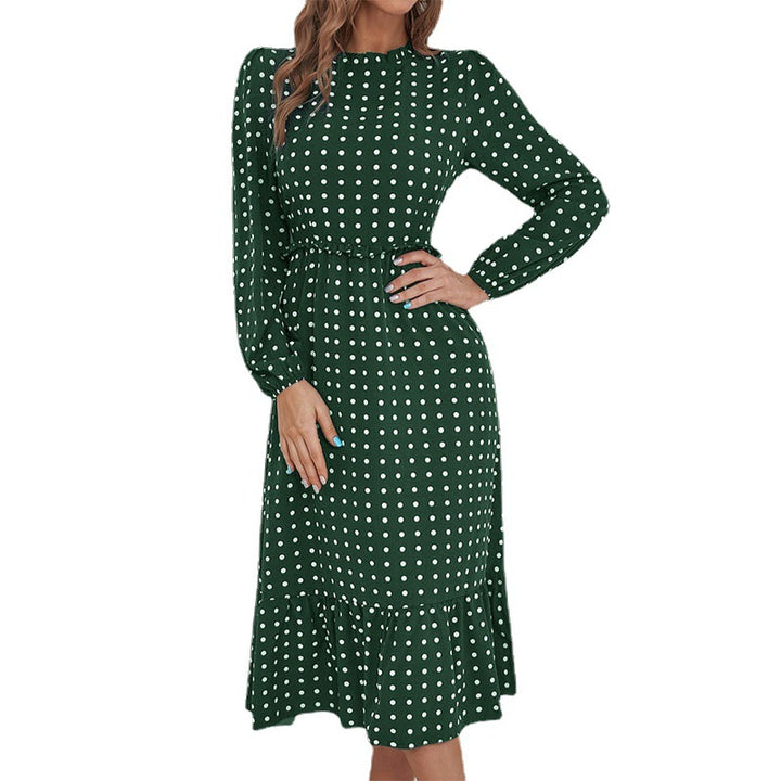 Damen Midikleid im Retro-Polka-Dot-Stil mit Stehkragen, taillierter Raffung und Volant Drune